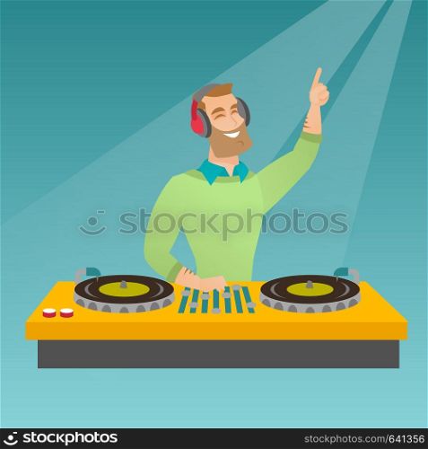 Young hipster DJ with beard mixing music on the turntables. DJ playing and mixing music on the deck. Caucasian DJ in headphones mixing music at a party. Vector flat design illustration. Square layout.. DJ mixing music on the turntables.
