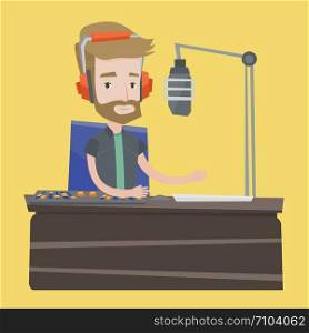 Young hipster dj working on mixing console and speaking into a microphone on the radio. Cheerful news presenter in headset working on a radio station. Vector flat design illustration. Square layout.. Male dj working on the radio vector illustration