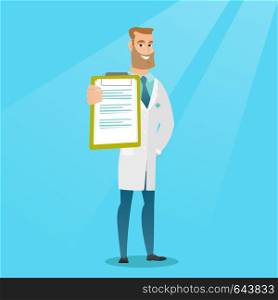 Young hipster doctor showing a clipboard with a prescription. Happy doctor in a medical gown holding a clipboard. Caucasian doctor with patient records. Vector flat design illustration. Square layout.. Doctor with a clipboard vector illustration.