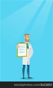 Young hipster doctor showing a clipboard with a prescription. Doctor in a medical gown holding a clipboard. Caucasian doctor with patient records. Vector flat design illustration. Vertical layout.. Doctor with a clipboard vector illustration.