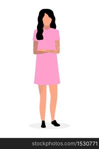 Young hipster girl flat illustration. Teenager in pink dress and tattoos isolated cartoon character on white background. Swag, chic girl, fashionista standing with crossed hands and brunette hair