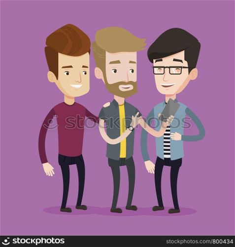 Young hipster guy with the beard showing something to his friends on his mobile phone. Three happy caucasian friends looking at smartphone and laughing. Vector flat design illustration. Square layout.. Three smiling friends looking at mobile phone.