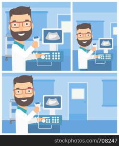 Young hipster male doctor working on modern ultrasound equipment and holding scanner in hand at medical office. Vector flat design Illustration. Square, horizontal, vertical layouts.. Male ultrasound doctor.