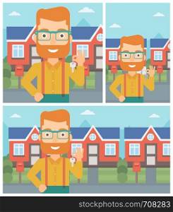 Young hipster male real estate agent holding key. Man with keys standing in front of the house. Happy new owner of a house. Vector flat design Illustration. Square, horizontal, vertical layouts.. Real estate agent with key.