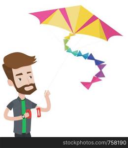 Young hipster man flying a colourful kite. Caucasian man controlling a kite. Happy man walking with kite. Cheerful man playing with kite. Vector flat design illustration isolated on white background.. Young man flying kite vector illustration.