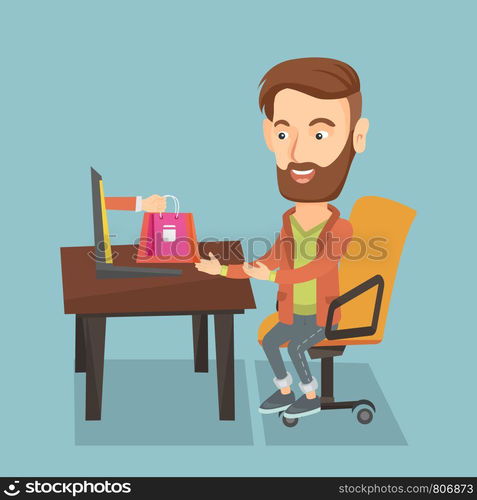 Young hipster man getting shopping bags from a laptop. Man making an online order in a virtual shop. Caucasian man using a laptop for online shopping. Vector flat design illustration. Square layout.. Man shopping online vector illustration.