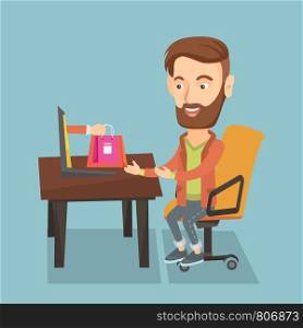 Young hipster man getting shopping bags from a laptop. Man making an online order in a virtual shop. Caucasian man using a laptop for online shopping. Vector flat design illustration. Square layout.. Man shopping online vector illustration.