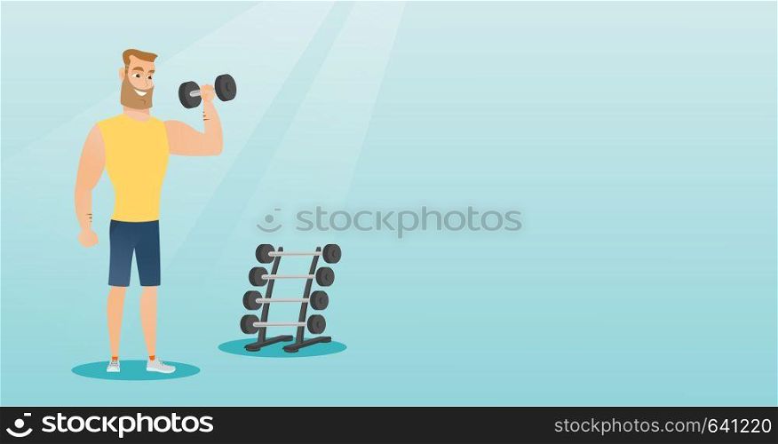 Young hipster man lifting a heavy weight dumbbell. Caucasian strong sportsman doing exercise with dumbbell. Weightlifter holding dumbbell in the gym. Vector flat design illustration. Horizontal layout. Man lifting dumbbell vector illustration.