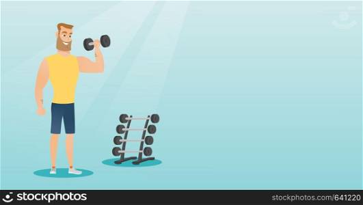 Young hipster man lifting a heavy weight dumbbell. Caucasian strong sportsman doing exercise with dumbbell. Weightlifter holding dumbbell in the gym. Vector flat design illustration. Horizontal layout. Man lifting dumbbell vector illustration.