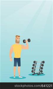 Young hipster man lifting a heavy weight dumbbell. Caucasian strong sportsman doing exercise with dumbbell. Weightlifter holding dumbbell in the gym. Vector flat design illustration. Vertical layout.. Man lifting dumbbell vector illustration.