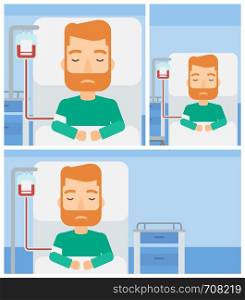 Young hipster man lying in bed at hospital ward with equipment for blood transfusion. Vector flat design Illustration. Square, horizontal, vertical layouts.. Patient lying in hospital bed.