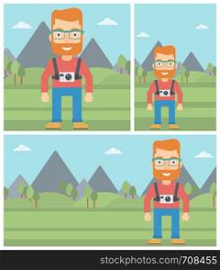 Young hipster man with a digital camera on his chest. Tourist with a digital camera standing on the background of mountains. Vector flat design illustration. Square, horizontal, vertical layouts.. Man with camera on chest vector illustration.