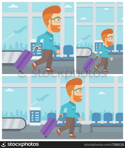 Young hipster man with a suitcase walking at the airport. Vector flat design illustration. Square, horizontal, vertical layouts.. Man walking with suitcase at the airport.