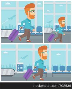 Young hipster man with a suitcase walking at the airport. Vector flat design illustration. Square, horizontal, vertical layouts.. Man walking with suitcase at the airport.