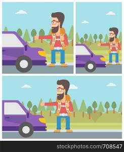 Young hipster man with backpack hitchhiking on roadside. Hitchhiking man with the beard trying to stop a car on the road. Vector flat design illustration. Square, horizontal, vertical layouts.. Young man hitchhiking vector illustration.
