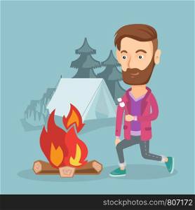 Young hipster man with beard sitting near campfire and roasting marshmallow over campfire on the background of camping site with tent. Vector flat design illustration. Square layout.. Businessman roasting marshmallow over campfire.