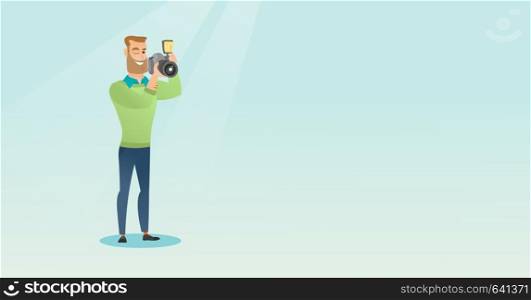 Young hipster man with beard taking a photo. Photographer taking a picture. Full length of a caucasian photographer with a digital camera. Vector flat design illustration. Horizontal layout.. Photographer taking a photo vector illustration.