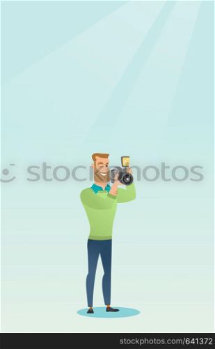 Young hipster man with beard taking a photo. Photographer taking a picture. Full length of a caucasian photographer with a digital camera. Vector flat design illustration. Vertical layout.. Photographer taking a photo vector illustration.