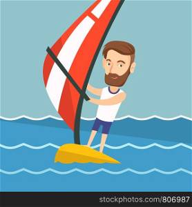 Young hipster man with beard windsurfing in the sea. Caucasian man standing on the board with sail for windsurfing. Windsurfer training on the water. Vector flat design illustration. Square layout.. Young man windsurfing in the sea.