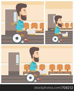 Young hipster man with broken leg in plaster sitting in wheelchair in the hospital corridor. Vector flat design Illustration. Square, horizontal, vertical layouts.. Man with broken leg sitting in wheelchair.