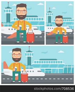 Young hipster man with suitcase holding a passport with ticket at the airport. Vector flat design illustration. Square, horizontal, vertical layouts.. Man with suitcase and ticket at the airport.