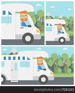 Young hipster man with the beard driving a motor home in the forest. Man travelling by camper van. Vector flat design illustration. Square, horizontal, vertical layouts.. Man driving motor home vector illustration.