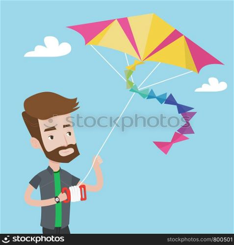 Young hipster man with the beard flying a colourful kite. Caucasian man controlling a kite. Happy man walking with kite. Cheerful man playing with kite. Vector flat design illustration. Square layout.. Young man flying kite vector illustration.