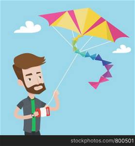 Young hipster man with the beard flying a colourful kite. Caucasian man controlling a kite. Happy man walking with kite. Cheerful man playing with kite. Vector flat design illustration. Square layout.. Young man flying kite vector illustration.