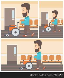 Young hipster man with the beard pushing empty wheelchair on the background of hospital corridor. Vector flat design Illustration. Square, horizontal, vertical layouts.. Man pushing wheelchair.