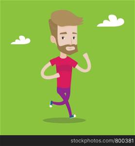 Young hipster man with the beard running. Male runner jogging. Full length of a male athlete running. Sportsman in sportswear running. Vector flat design illustration. Square layout.. Young man running vector illustration.
