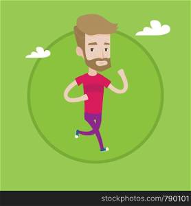 Young hipster man with the beard running. Male runner jogging. Caucasian male athlete running. Sportsman in sportswear running. Vector flat design illustration in the circle isolated on background.. Young man running vector illustration.