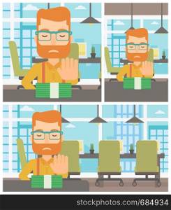 Young hipster man with the beard sitting at the table in office and moving dollar bills away. Vector flat design illustration. Square, horizontal, vertical layouts.. Man refusing bribe vector illustration.