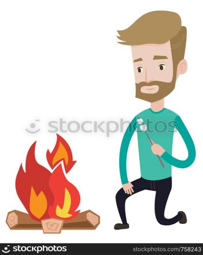 Young hipster man with the beard sitting near campfire. Caucasian man roasting marshmallow over campfire. Tourist relaxing near campfire. Vector flat design illustration isolated on white background.. Man roasting marshmallow over campfire.