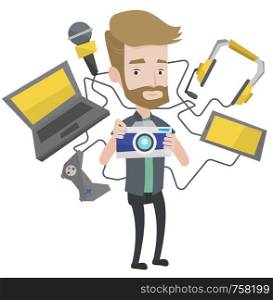 Young hipster man with the beard surrounded with gadgets. Caucasian man using many electronic gadgets. Man addicted to modern gadgets. Vector flat design illustration isolated on white background.. Young man surrounded with his gadgets.