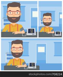 Young hipster man with the beard taking care of his health and checking his blood pressure with digital meter. Vector flat design Illustration. Square, horizontal, vertical layouts.. Blood pressure measurement.