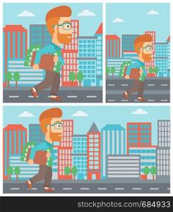 Young hipster man with the beard walking in the city with suitcase full of money. Vector flat design illustration. Square, horizontal, vertical layouts.. Man with suitcase full of money.