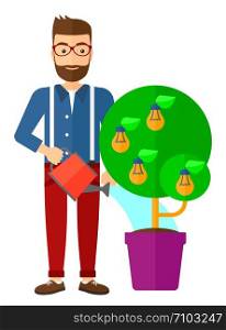Young hipster man with the beard watering a tree growing in pot with light bulbs instead flowers vector flat design illustration isolated on white background. Vertical layout.. Man watering tree with light bulbs.