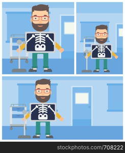Young hipster man with x ray screen showing his skeleton in examination room. Vector flat design Illustration. Square, horizontal, vertical layouts.. Patient during x ray procedure.