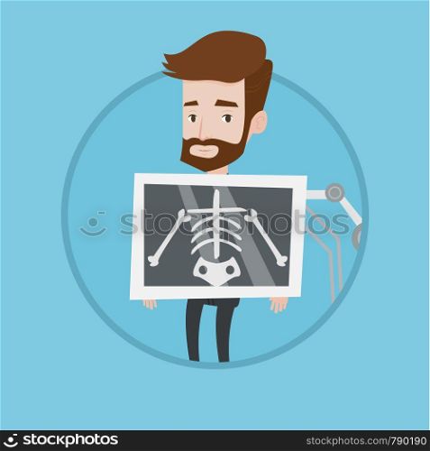 Young hipster patient during chest x ray procedure. Man with x ray screen showing his skeleton. Patient visiting roentgenologist. Vector flat design illustration in the circle isolated on background.. Patient during x ray procedure vector illustration