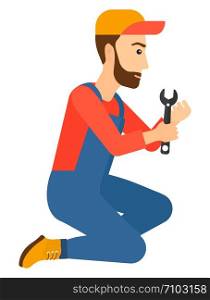 Young hipster repairman sitting with a spanner in hand vector flat design illustration isolated on white background. Vertical layout.. Repairman holding spanner.