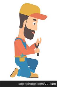 Young hipster repairman sitting with a spanner in hand vector flat design illustration isolated on white background. . Repairman holding spanner.