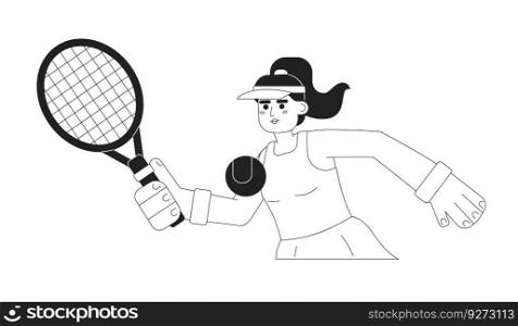Young hispanic woman playing tennis monochromatic flat vector character. Professional tennis tournament. Editable thin line half body person on white. Simple bw cartoon spot image for graphic design. Young hispanic woman playing tennis monochromatic flat vector character