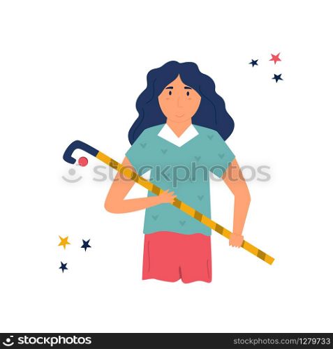 Young hockey player girl. Portrait of sportswoman. Vector illustration. Young hockey player girl. Portrait of sportswoman
