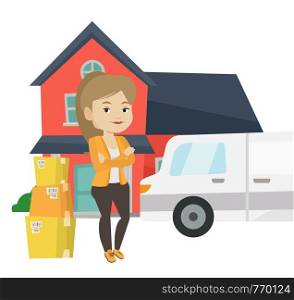 Young homeowner standing in front of new home. New homeowner moving to a house. Caucasian homeowner unloading cardboard boxes from truck. Vector flat design illustration isolated on white background.. Woman moving to house vector illustration.