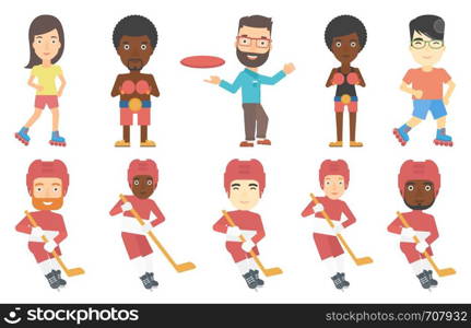 Young ice hockey player skating on ice rink. Happy ice hockey player with a stick and puck. Ice hockey player playing ice hockey. Set of vector flat design illustrations isolated on white background.. Vector set of sport characters.