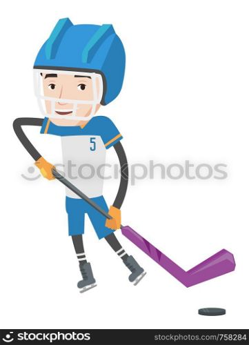 Young ice hockey player skating on ice rink. Ice hockey player with a stick and puck. Caucasian ice hockey player playing ice hockey. Vector flat design illustration isolated on white background.. Ice hockey player vector illustration.