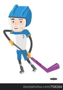 Young ice hockey player skating on ice rink. Ice hockey player with a stick and puck. Caucasian ice hockey player playing ice hockey. Vector flat design illustration isolated on white background.. Ice hockey player vector illustration.