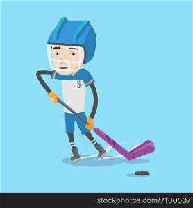 Young ice hockey player skating on ice rink. Ice hockey player with a stick. Sportsman playing ice hockey. Vector flat design illustration. Square layout.. Ice hockey player vector illustration.