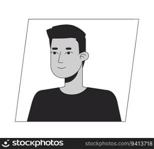 Young indian brunette man black white cartoon avatar icon. Editable 2D character user portrait, linear flat illustration. Vector face profile. Outline person head and shoulders. Young indian brunette man black white cartoon avatar icon
