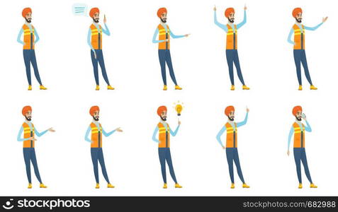 Young indian builder set. Builder laughing, pointing at idea light bulb, standing with raised arms up, talking on a mobile phone. Set of vector flat design illustrations isolated on white background.. Indian builder vector illustrations set.